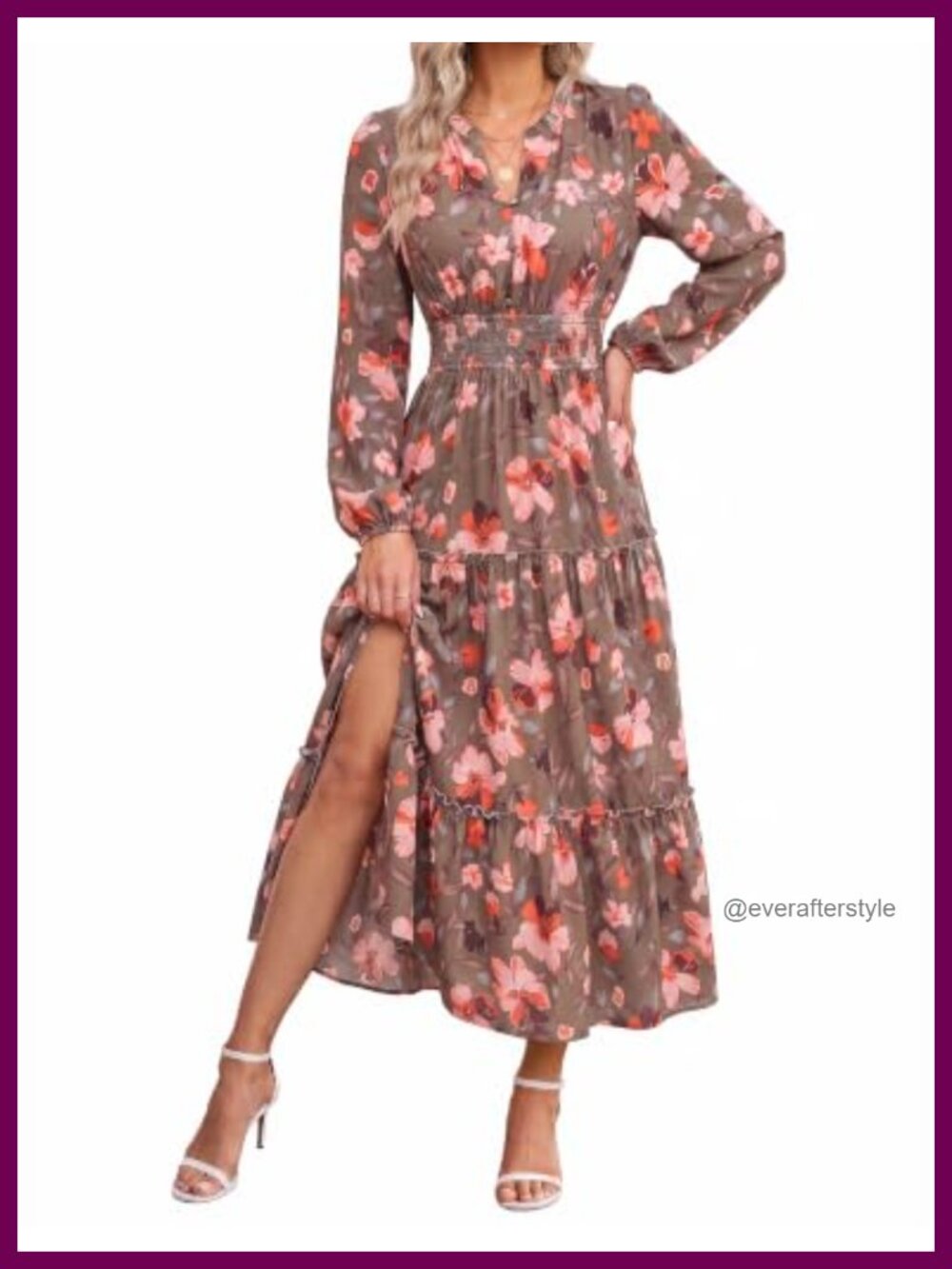 Womens Floral Maxi Dress Long Sleeve V Neck A Line Flowy with Pockets